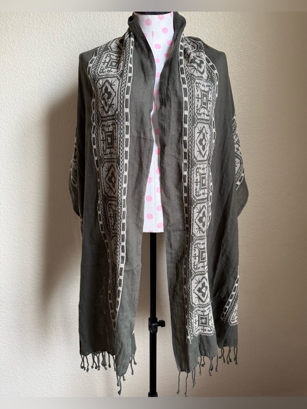 Eileen Fisher Olive Green Embroidered Scarf